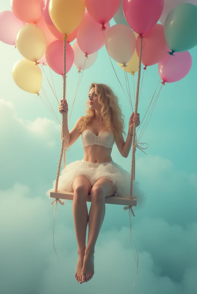 a woman sitting on a swing surrounded by balloons, a colorized photo, magical realism, feminine in pastel shades, floating in mist, glamorous composition, riding in the sky, Chest close-up, Spread your legs 30 degrees and show me your panties, 2024 New panties