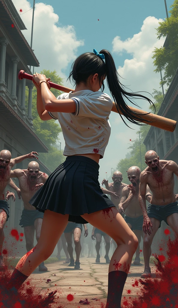 A cover image of a woman wearing a Thai school uniform, white shirt, black A-line skirt, black hair tied up with bangs with a blue bow on her hair, fighting fiercely against a horde of zombies wearing different clothes, blood splattered, blood everywhere, with a baseball bat hitting the head of the zombies. She wears tattered clothes, do not expose herself. The scene is dark and atmospheric, with a realistic and fierce style. The background is an old Thai temple, with a broken tuk-tuk parked there.