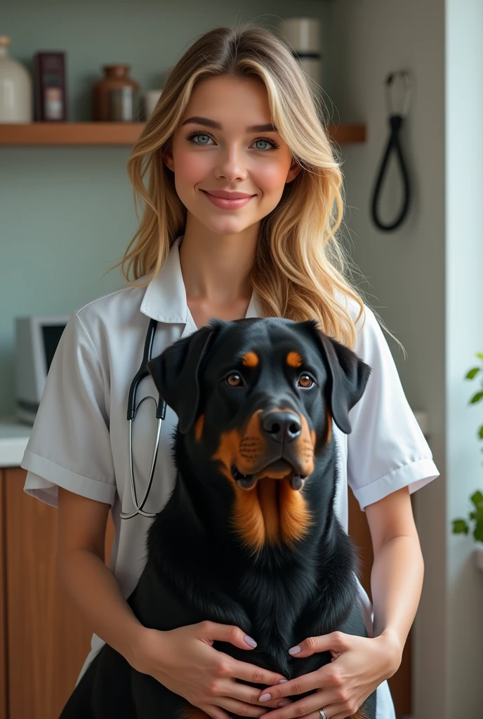 Create a picture of a young woman who is between 25 and 30 years old. She has blonde hair and blue eyes. She is a veterinarian and her Rottweiler dog Sissy is also in the picture.