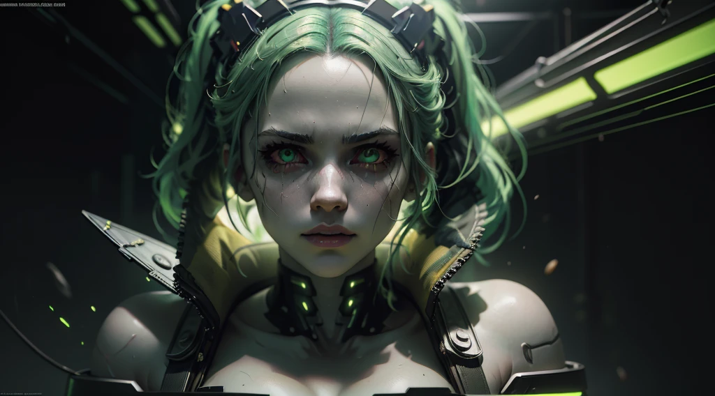 Rebecca from cyberpunk, yellow neon lights, green hair, The artwork is rendered in an edgy and realistic style, with high attention to detail and sharp focus. The colors are vivid and contrasted, with a slight desaturation to create a moody atmosphere. shadowy highlights enhancing the overall composition. The medium used is a digital illustration, with a touch of photo-realistic elements to add depth and texture to the image. The final result is a masterpiece in ultra-high resolution,