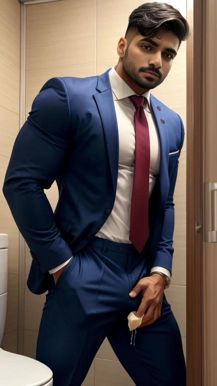 Use my character ARJUN SHARMA INDIAN LATINO GAY MAN in business suit open pant in underwear sexy gestures, standing in toilet for peeing spread legs, huge bulge, side pose view