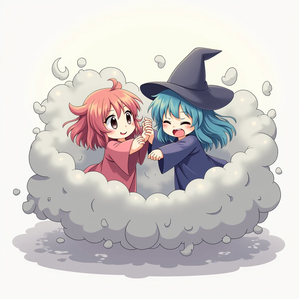 An anime-style illustration depicting witches playfully wrestling with each other inside a light gray comical fight cloud (dust cloud).
each witch has different colored hair.
their faces,hands,and feet are visible emerging from the cloud as they tussle humorously, with the rest of their bodies completely hidden inside the cloud.
the illustration emphasizes the humorous and energetic nature of their scuffle,with a fluffy and exaggerated fight cloud.