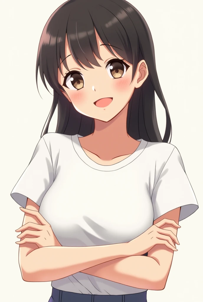 A Japanese woman wearing a white T-shirt with her arms on her hips、Chest tension、Smiling and looking proud。Her face is beautiful and well-proportioned, with large eyes and double eyelids.、