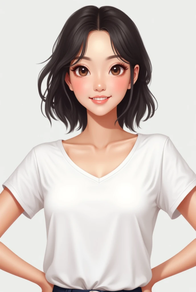 A Japanese woman wearing a white T-shirt with her arms on her hips、Chest tension、Smiling and looking proud。Her face is beautiful and well-proportioned, with large eyes and double eyelids.、