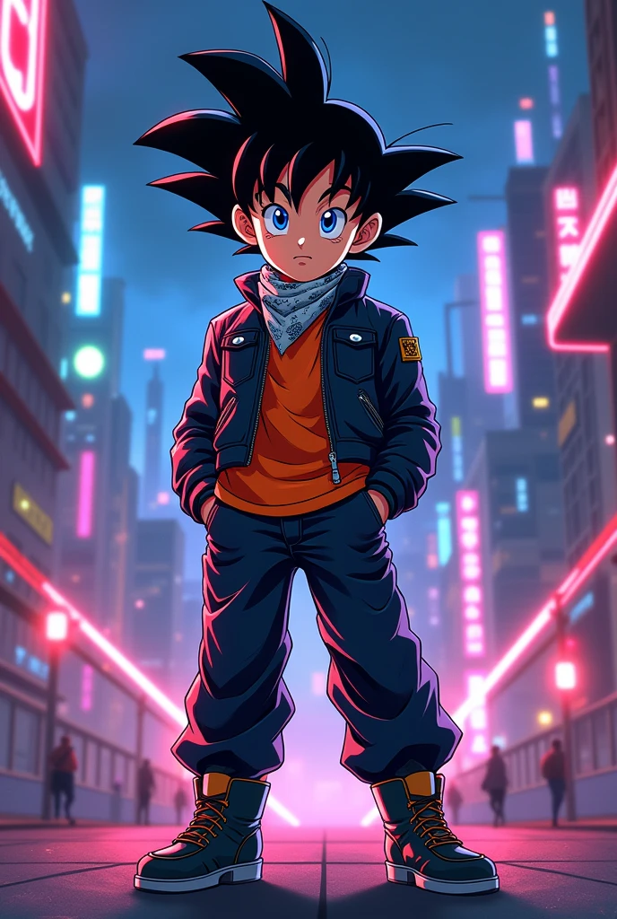 portrait, neon, 1 boy, shonen style, spiky black hair , black and orange clothing, leather jacket, jeans, boots, bandana, cool, blue eyes, full body, color --name Son Goku--night background city with futuristic buildings and holograms