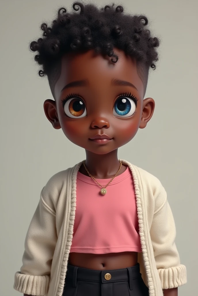 8 year old black boy
Very realistic, not animated
Boy from Africa
Realistic boy Slightly short hair with a bit of curls
Eyes of different colors brown and blue
Eyes of different colors brown and blue
Realistic
Wearing a pink cropped shirt, with a white open sweater, black skirt