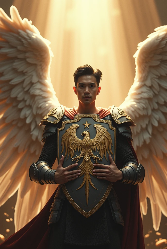 masterpiece, best quality, realistic, ultra detailed, movie poster style, dungeons and dragons character design, celestial, cute bruneian man with round face, soft facial features, muscular, stylish dark hair, majestic white angel wings, homoerotic heavy armor, holding up a shield with phoenix insignia, god rays, extremely dramatic lighting, perfect fingers, perfect hands, perfection