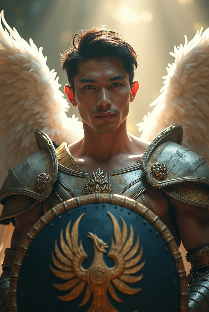 masterpiece, best quality, realistic, ultra detailed, movie poster style, dungeons and dragons character design, celestial, cute bruneian man with round face, soft facial features, muscular, stylish dark hair, majestic white angel wings, homoerotic heavy armor, holding up a shield with phoenix insignia, god rays, extremely dramatic lighting, perfect fingers, perfect hands, perfection
