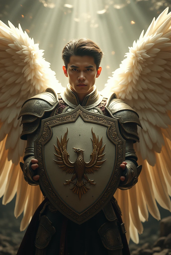 masterpiece, best quality, realistic, ultra detailed, movie poster style, dungeons and dragons character design, celestial, cute bruneian man with round face, soft facial features, muscular, stylish dark hair, majestic white angel wings, homoerotic heavy armor, holding up a shield with phoenix insignia, god rays, extremely dramatic lighting, perfect fingers, perfect hands, perfection