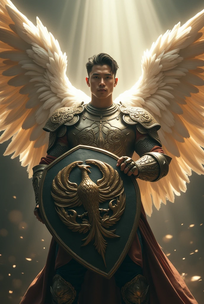 masterpiece, best quality, realistic, ultra detailed, movie poster style, dungeons and dragons character design, celestial, cute bruneian man with round face, soft facial features, muscular, stylish dark hair, majestic white angel wings, homoerotic heavy armor, holding up a shield with phoenix insignia, god rays, extremely dramatic lighting, perfect fingers, perfect hands, perfection