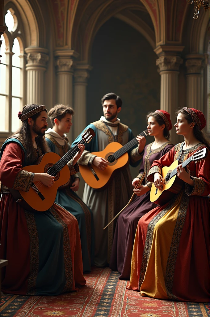 You can create a musical group dressed in a 13th century Renaissance costume., that they are carrying guitars and bandurrias 