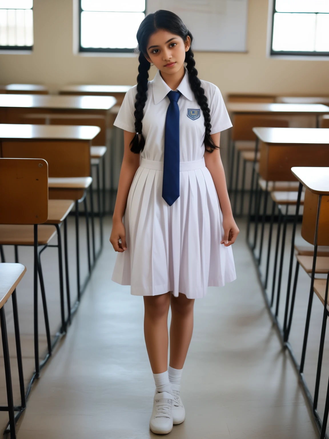 a beautiful cute little school girl in srilanka, detailed white frock, full body ,white shoes and socks, braided hair with plait, standing in a classroom, cinematic lighting, hyperrealistic, photorealistic, 8k, masterpiece, warm colors, natural lighting, detailed school uniform, detailed facial features, beautiful eyes, cute expression, high quality, intricate details