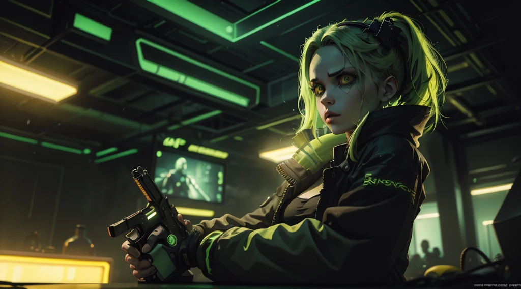 Rebecca from cyberpunk, yellow neon lights, green hair, The artwork is rendered in an edgy and realistic style, with high attention to detail and sharp focus. The colors are vivid and contrasted, with a slight desaturation to create a moody atmosphere. shadowy highlights enhancing the overall composition. The medium used is a digital illustration, with a touch of photo-realistic elements to add depth and texture to the image. The final result is a masterpiece in ultra-high resolution,