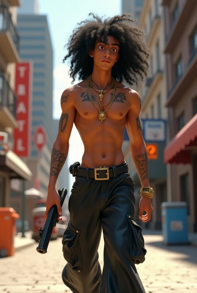 A film inspired by Disney Pixar (YOUNG WHITE MAN WITH LONG CURLY BLACK HAIR) He is walking through the city streets, with a gun on his waist, no shirt on the body, with a tattoo on his body with the name WY STRONG SIL, wide pants with many pockets black color, black sneakers, many gold threads around the neck, gold watch on wrist. pixar, Cool and stylish