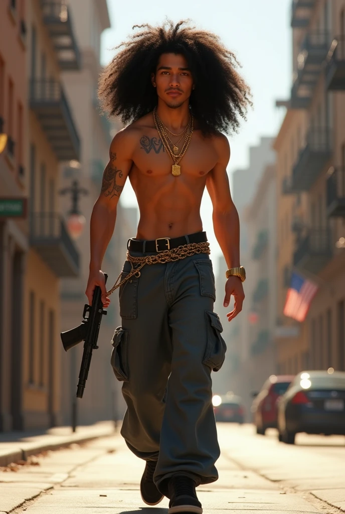 A film inspired by Disney Pixar (YOUNG WHITE MAN WITH LONG CURLY BLACK HAIR) He is walking through the city streets, with a gun on his waist, no shirt on the body, with a tattoo on his body with the name WY STRONG SIL, wide pants with many pockets black color, black sneakers, many gold threads around the neck, gold watch on wrist. pixar, Cool and stylish