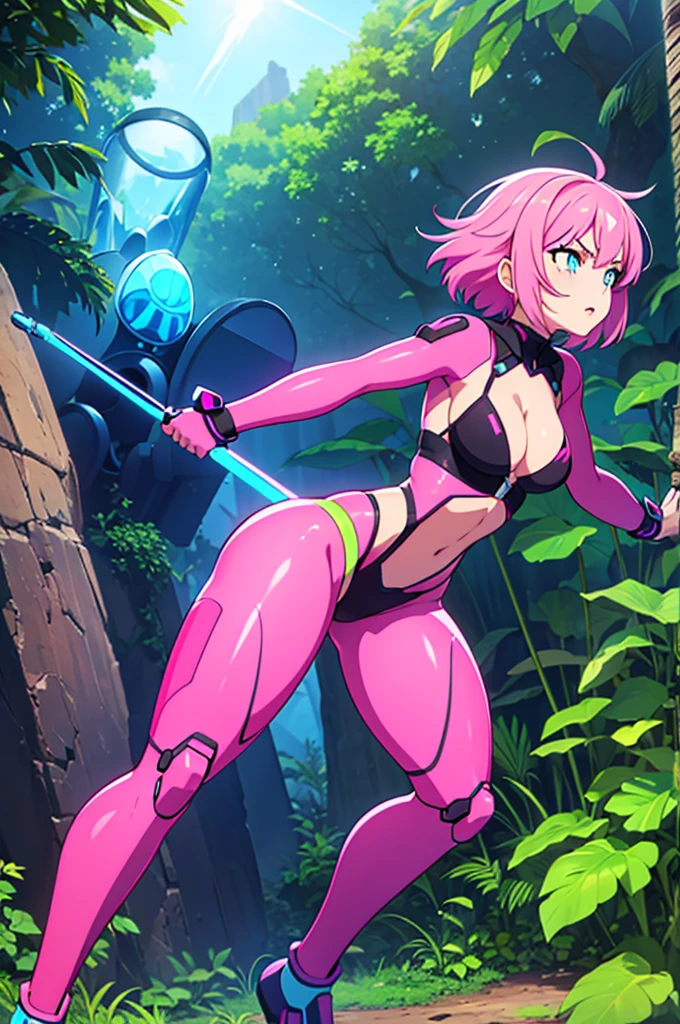 1 female, front view, pink hair, full body, feisty look realistic lips, neon blue techno spandex, small waist, wide hips, , exposed cleavage, fighting pose, pink tactical belt, standing in front of a mecha, hourglass figure, annoyed, in a jungle, short hair, best quality