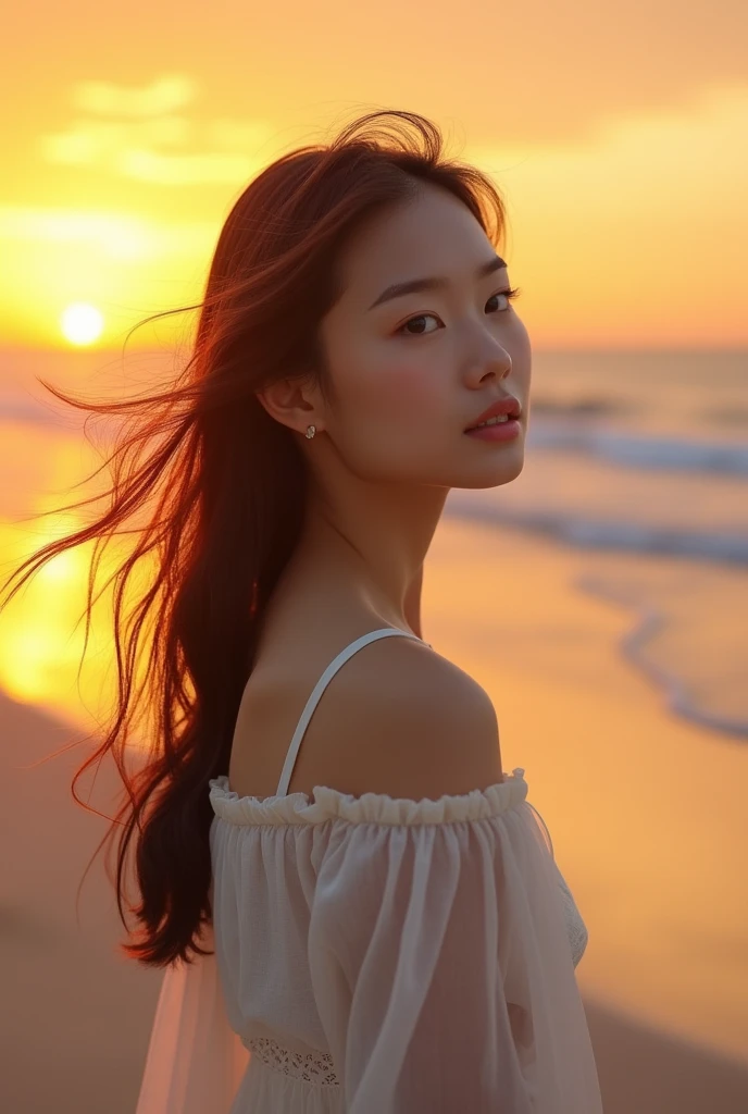 Asian girl at the beach，Sunset，Reality，Portrait Photography