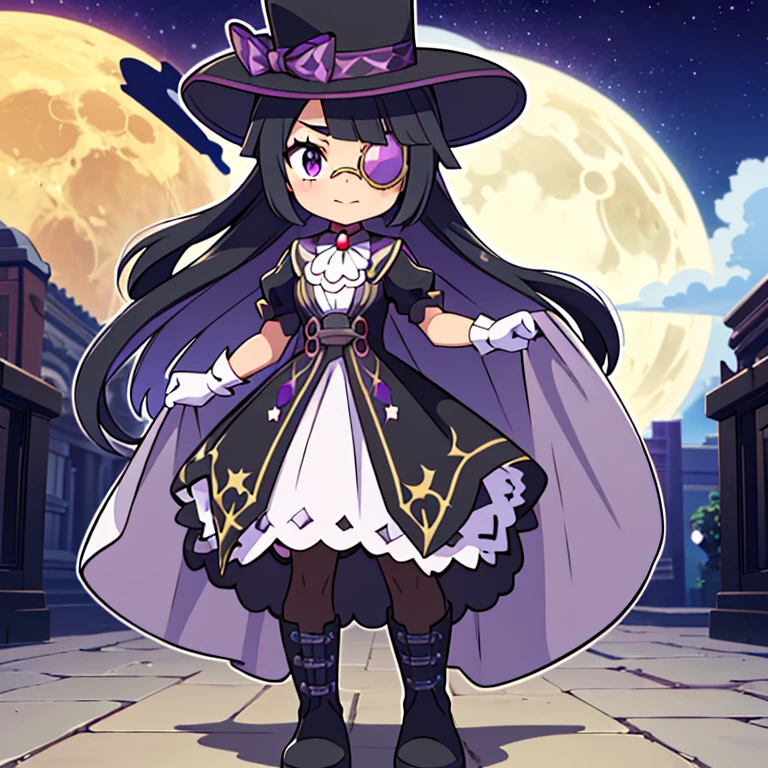 Full body, beautiful eyes , 1 girl  , full body , cute girl , anime style , cute eyes  , (standing up) , (Hair: Luna has long, flowing black hair with hints of deep purple, giving it an almost otherworldly sheen. Her hair often falls over one eye, adding to her mysterious allure.
Eyes: Her eyes are a striking shade of violet, with a mischievous glint that suggests she’s always up to something. They seem to shimmer in the dark, adding to her enigmatic persona.
Outfit: Luna wears a sleek, form-fitting black outfit that allows her to move silently and swiftly. Her attire is accentuated with silver and purple accessories, including a half-mask that covers part of her face. The mask is adorned with intricate designs, reminiscent of a masquerade ball. She also has a flowing cape that trails behind her, allowing her to blend into the shadows with ease.
Accessories: She carries a set of lockpicks and a grappling hook, tools of her trade as a thief. A small, elegant pouch hangs from her waist, where she stores stolen goods and other treasures.) , scZinnia, monocle, top hat, black coat, white ascot, black skirt, white gloves, pantyhose, boots