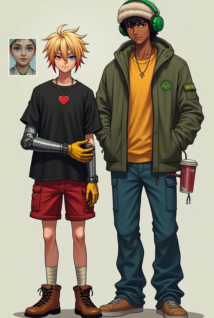 Cejo next to michu Cejo is a 26 year old boy who is 1.65, light brown skin , one blue eye and one orange eye, somewhat long blonde hair with red tips, a black shirt and red mini shorts as well as yellow gloves, a robotic hand, a heart necklace, Someone somewhat thin but with wide hips and brown boots Michu a 25 year old man who is 1.82 somewhat brown skin, brown eyes curly hair somewhat big, with a winter hat and green headphones, blue pants and yellow shirt, someone somewhat strong and somewhat muscular
