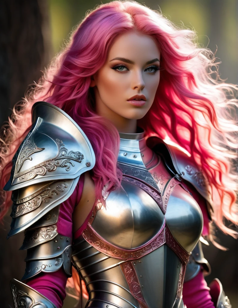 Very attractive 25 year old caucasian female with long wavy bright pink hair, is a beautiful, ethereal knight, cheveux blanc neige, in the style of Boris Vallejo, highly detailed sexy filigree armor, very detailed face, highly detailed skin, corps fort, Muscle definition, (Des proportions parfaites), Heavy metal aesthetics, fond de haute fantaisie, High quality, masterpiece, Realistic photo, Complex and detailed, 8k, hdr, faible profondeur de champ, Wide light, high contrast, backlight, Sharpness, Photo couleur brute, en regardant la caméra, couleurs fraîches, Diverses poses