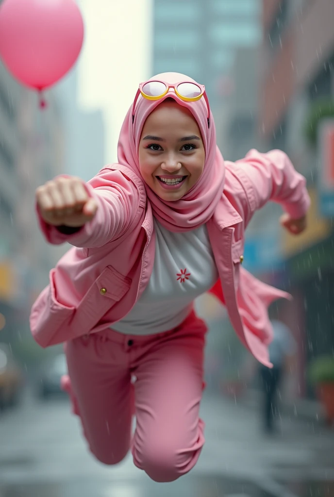 Malaysia women a realistic masterpiece. Human .wear pink watch.. 1girl wearing a hijab. detailed beautiful face, Hijab Muslim. Wear long sleeve moder design mixed sew pink white loose size. Small detail , honeycomb suit. Pink cargo pant.. . anger face, minimalist flower on shirt. . anger face. Open mouth. Fly high beside aeroplane. Wear pink white. Wear small Safety Pink yellow glasses google spectacle top on head. . Age 20 year old. Flying position. Fast fly. Panning effect Photography . Flying high hand under aeroplane have a super strong power.. punch . Fight pose. Bokeh background. fist front.. At the city. Bad waether. , detailed lips, long eyelashes. Hero, modest expression, delicate facial features, natural skin tones, , detailed folds and textures of hijab, natural lighting, high quality, photorealistic, 8k, best quality. Malaysia girl. Floating newspaper. ). . . Braces teeth. Boleh background. Panning effect. Fast flying.