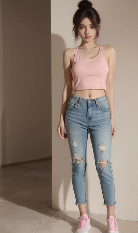 (lifelike, high - resolution:1.3), 1 hot indian girl with a perfect body, Super fine face and eyes,slong hair, hair tied up, pink hair, Tank top of random colors:1.2, short jeans, standing,full body, sexy, looking hot