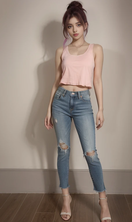 (lifelike, high - resolution:1.3), 1 hot indian girl with a perfect body, Super fine face and eyes,slong hair, hair tied up, pink hair, Tank top of random colors:1.2, short jeans, standing,full body, sexy, looking hot