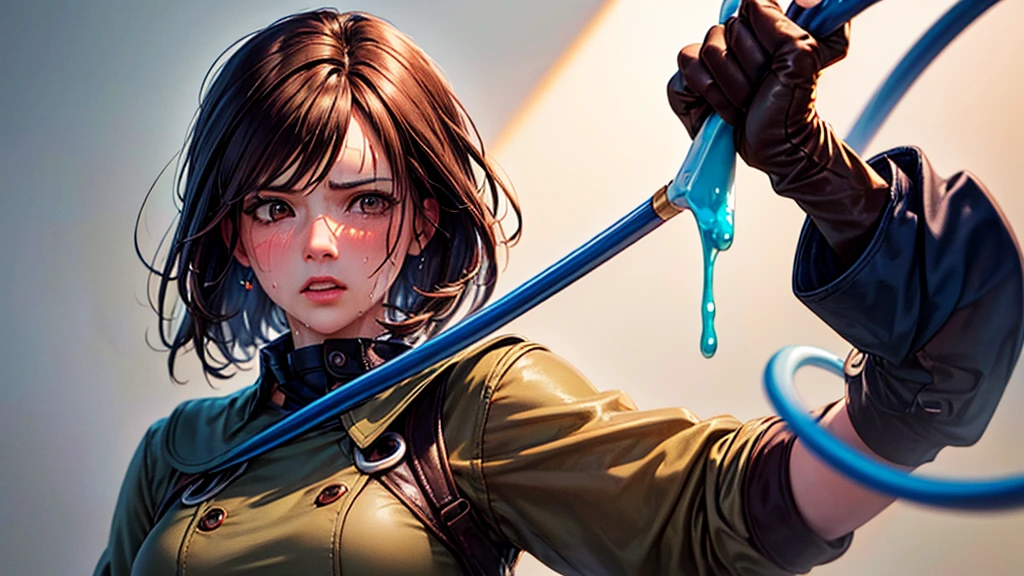 (Best image quality,highest quality,Highest Resolution, Ultra-Realistic Images,Very detailed,masterpiece,8k),One Woman,Whipping,Brown medium hair,Khaki military uniform,Leather gloves,((With a blue whip)),((Sticky with sweat)),blush, sexy body, Brown eyes