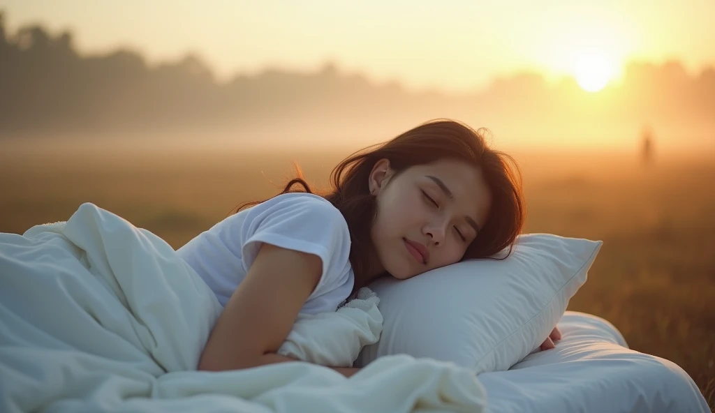 The woman with dark brown hair and white t shirt awakes from her sleep, the bed is at an open space, in the middle of a field, with bright sunlight but foggy environment