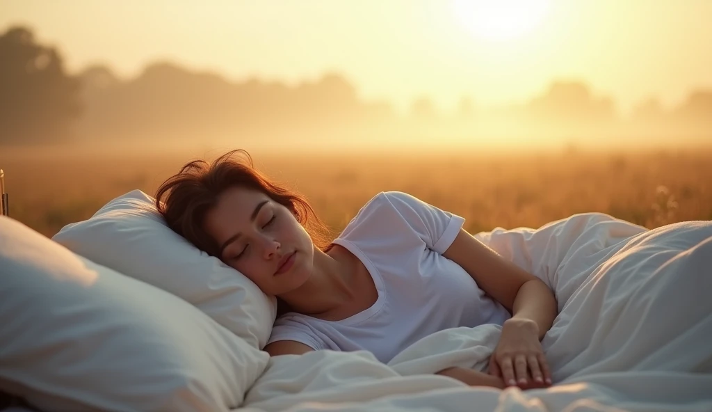 The woman with dark brown hair and white t shirt awakes from her sleep, the bed is at an open space, in the middle of a field, with bright sunlight but foggy environment