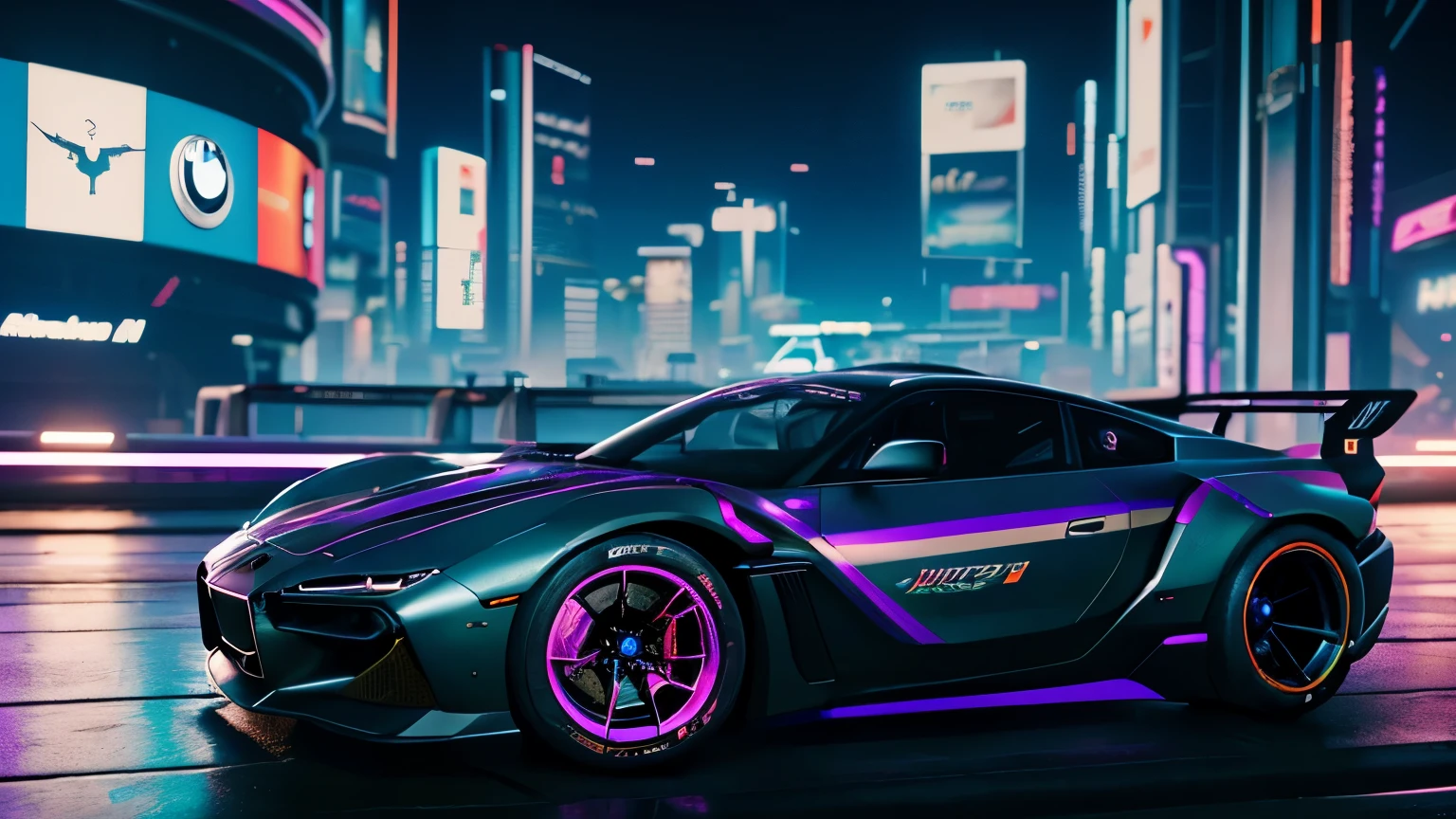 Masterpiece, top quality, high quality, high detailed, Super car, coupe car, cyber car, ((by quadra from cyberpunk 2077, by bmw)) black color, black wheels color, big spoiler, body kit, low loaded, (cyberpunk, cyberpunk style, cyberpunk 2077, sci-fi, futuristic), parking beside of sidewalk, road light, night time, cyberpunk city background, neon, holograms, no one