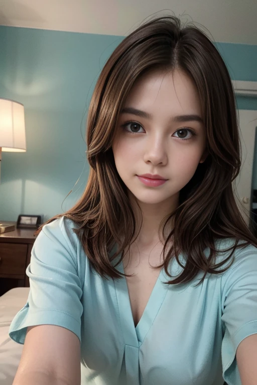 Brown haired girl taking a selfie, with a low-cut light blue blouse in her bed