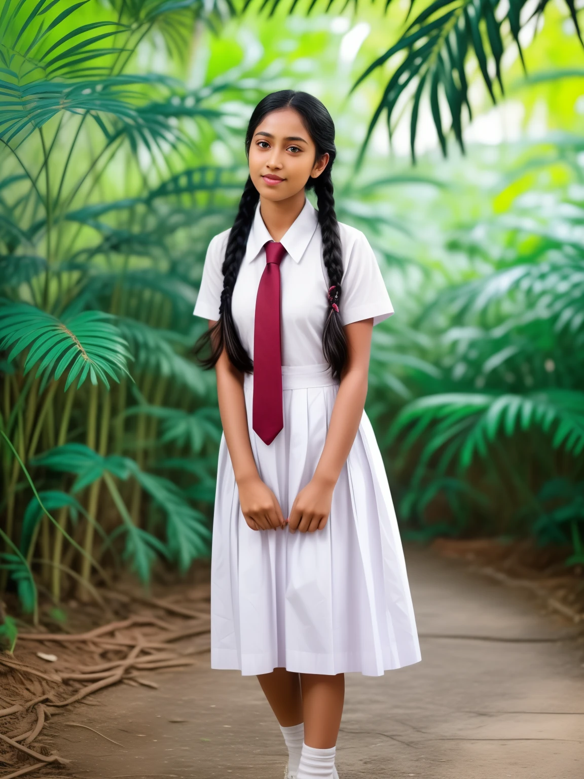 a beautiful cute little school girl in srilanka, detailed white frock, white shoes and socks, braided hair with plait, standing in a lush tropical garden with palm trees, butterflies, colorful flowers, sunlight filtering through the leaves, photorealistic, 8k, high quality, extremely detailed, intricate, vivid colors, warm lighting, soft focus, natural scenery