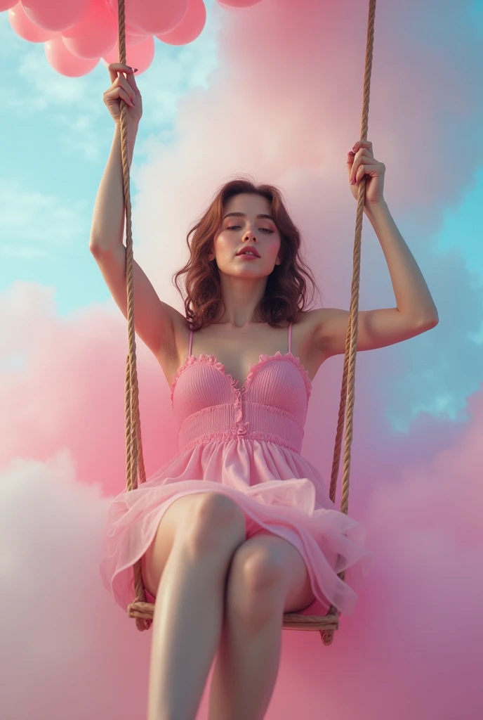 a woman sitting on a swing surrounded by balloons, a colorized photo, magical realism, feminine in pastel shades, floating in mist, glamorous composition, riding in the sky, Chest close-up, Spread your legs 30 degrees and show me your panties, 2024 New panties, Pink dress, medium bust, large hips, long legs, thick thighs, from above:1.4