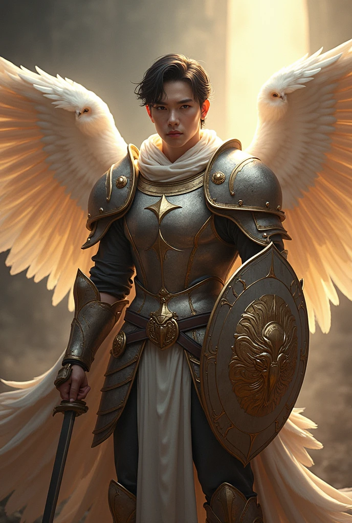 masterpiece, best quality, realistic, ultra detailed, movie poster style, dungeons and dragons character design, celestial, adorable bruneian man with round face, soft facial features, muscular, stylish dark hair, majestic white angel wings, homoerotic heavy armor, holding up a shield with phoenix insignia, god rays, extremely dramatic lighting, perfect fingers, perfect hands, perfection