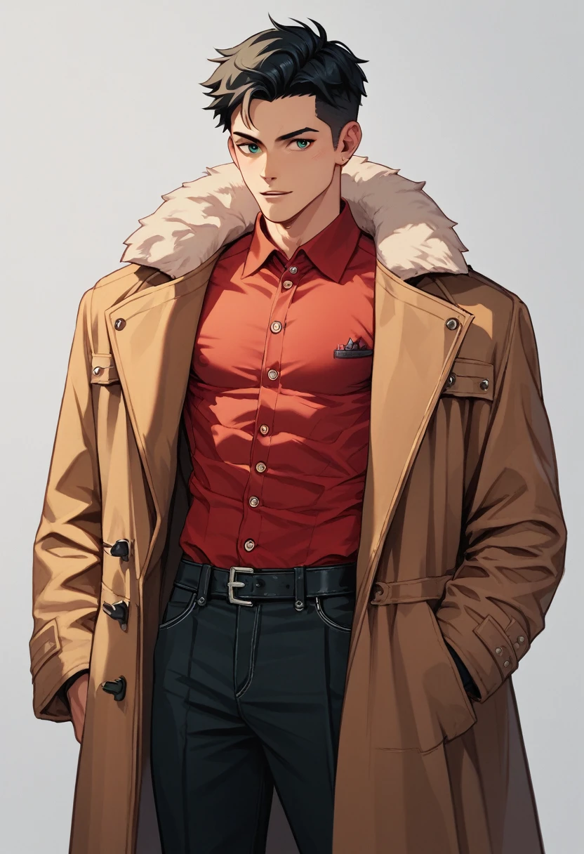 Human Male , Black hair Style , Red shirt ,Coat