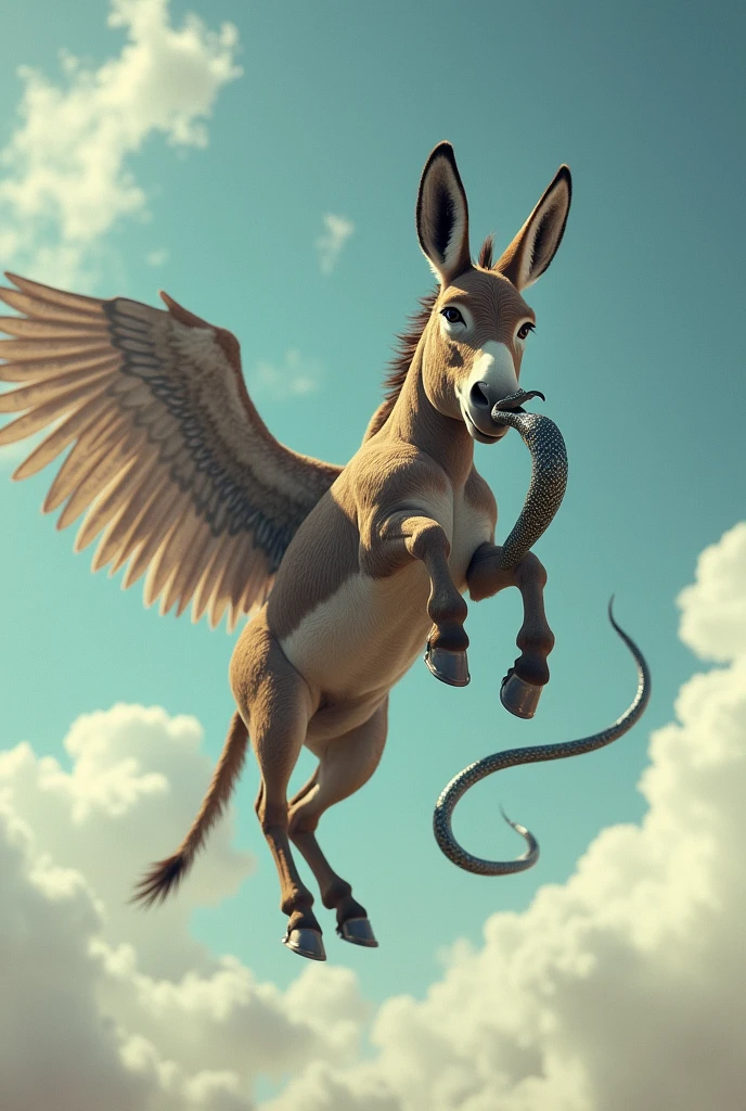 Real picture of a donkey flying and holding a snake in his hand like a hawk