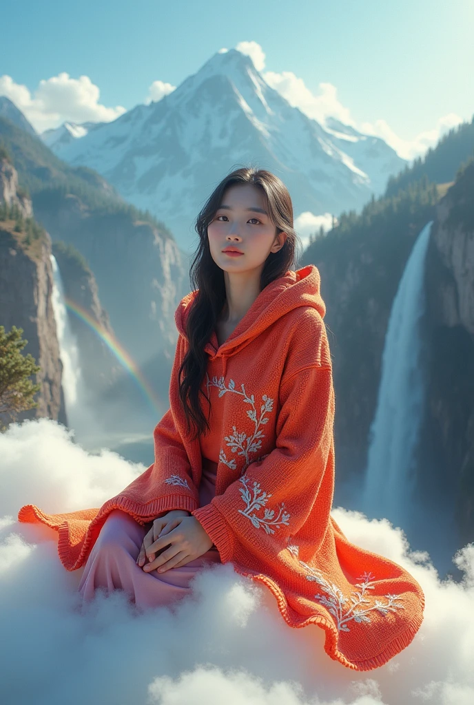 Beautiful Korean woman with clean white skin, well-groomed face, red and orange knitted hoodie, decorated with a moonlight forest motif, maroon culottes, sitting on a cloud, with a background of mountains above the clouds, waterfall cliffs with rainbows, original photo, realistic