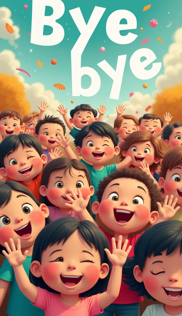 Create a background with many small children with many words bye bye 2d