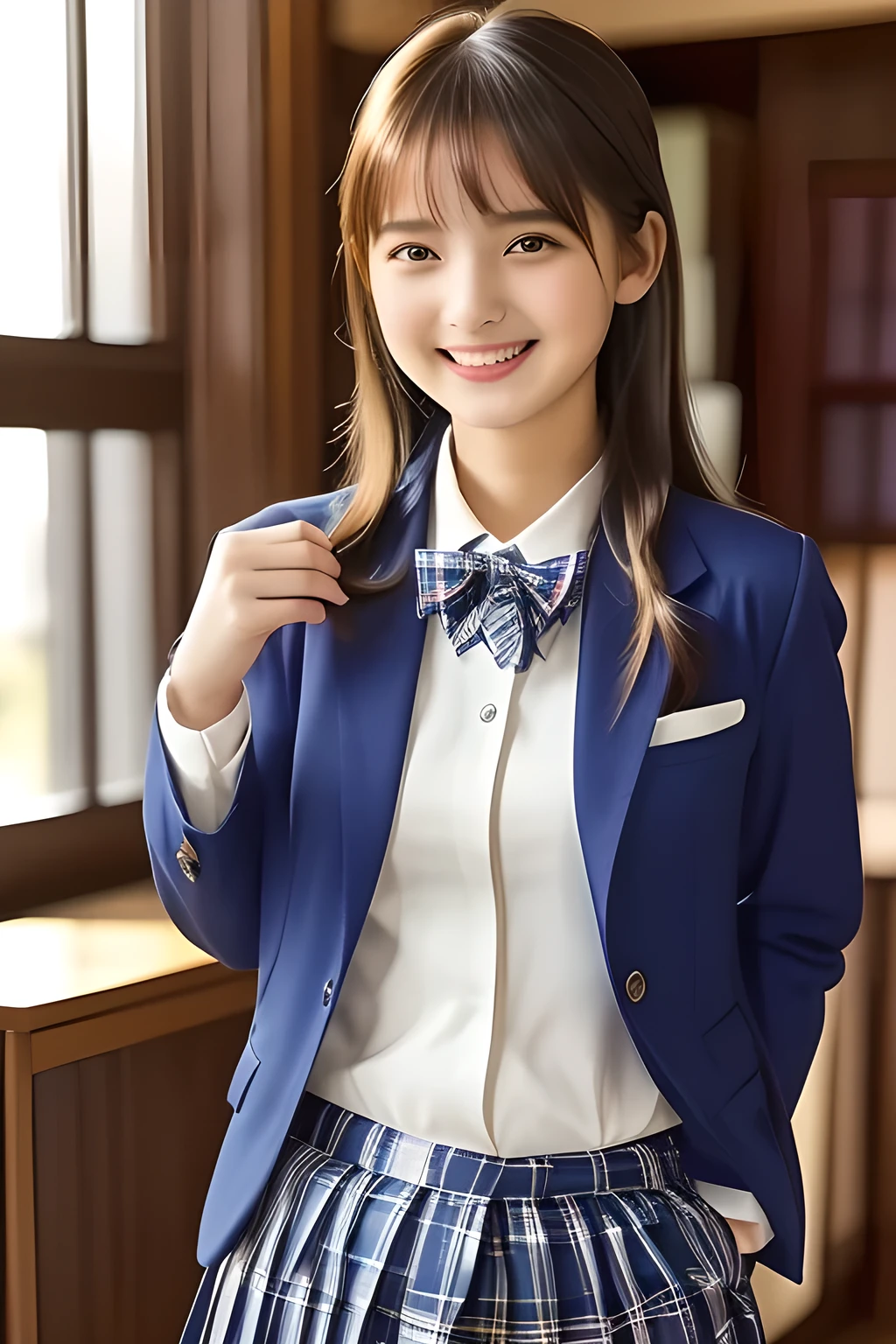 (highest quality, masterpiece, high resolution:1.2), 4K, (Photo quality well detailed white white white face: 1.2), geometry, (Beautiful portraits like those of French girls: 1.2), (13 yo cute girly Japanese sensitive weak girl with very detailed graceful cute smiling face is turning to me and looking at me: 1.5), Laughing cutely, (Japanese school girly navy-colored blazer uniform: 1.4), (blue dark blue blue expensive pleated checkered school skirt inside the blazer: 1.6), (big sharp breast: 1.3), (Dark red glossy school ribbon on the breast: 1.0), (Extremely laughing cheeks: 1.0), (Beautiful pretty large laughing cute cute cute childish childish laughing cutely laughing eyes with detailed and balanced well: 1.4), (Double eyelids: 1.0), (Long bottom eyelashes: 1.2), (Glossy very wet lips: 1.0), (Super-straight hair, extremely very long hair which reaches her waist: 1.3), (The light is coming from the front, making her face and whole body appear bright white.: 1.2), (Baby-faced magazine model beautiful girl: 1.2)