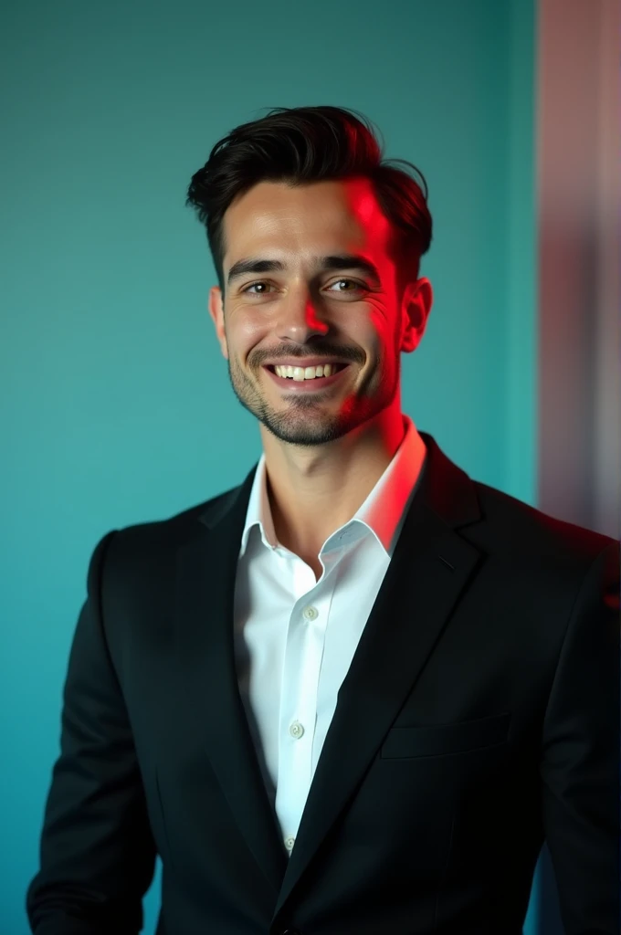 A young man with dark hair and a confident smile. He is dressed in a black blazer over a white shirt. The man is positioned against aqua colour backdrop with a subtle red lighting on the left side. an