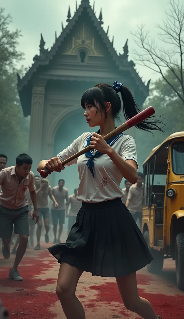 A cover image of a woman wearing a Thai school uniform, white shirt, black A-line skirt, black hair tied up with bangs with a blue bow on her hair, fighting fiercely against a horde of zombies wearing different clothes, blood splattered, blood everywhere, with a baseball bat hitting the head of the zombies. She wears tattered clothes, do not expose herself. The scene is dark and atmospheric, with a realistic and fierce style. The background is an old Thai temple, with a broken down tuk tuk parked on the right of the image.