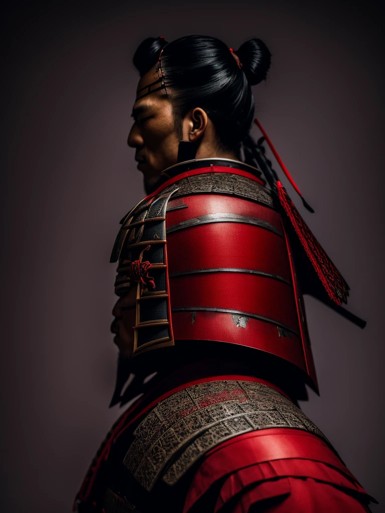 silhouette of a samurai wearing red armor and a samurai mask in a photo from the side