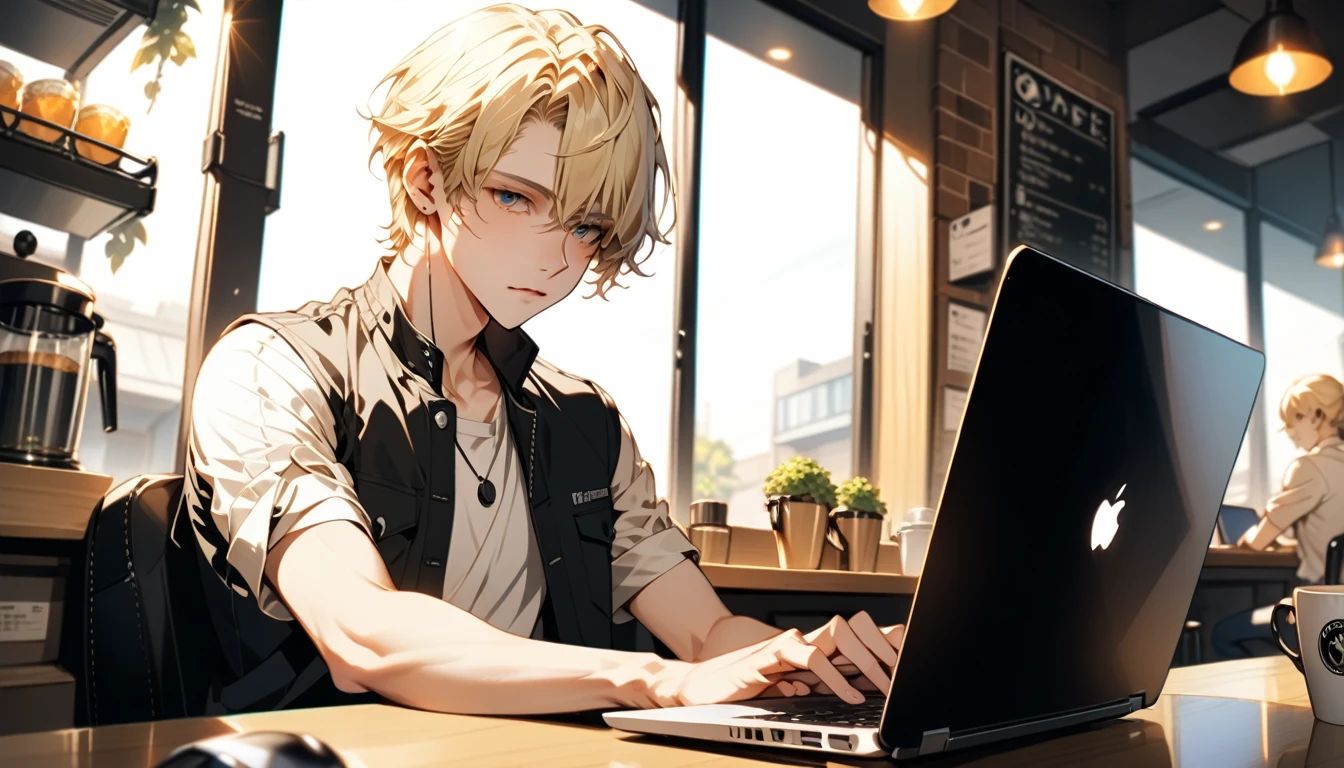 High resolution, masterpiece, Highest quality, Cowboy Shot, , Anime Style, One person, Shortcuts, Blonde, Blurred background of man sitting in cafe and working on laptop, Ray Tracing, front,Expressionless,neutral,