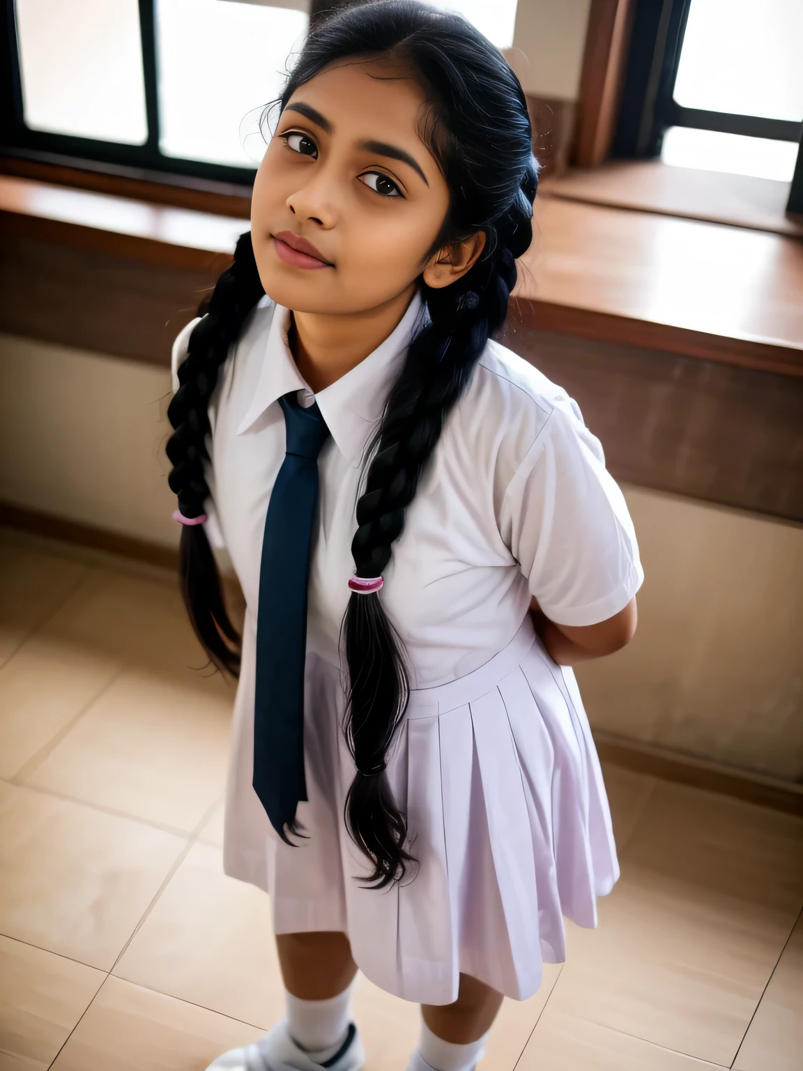 a beautiful cute little school girl in srilanka, detailed white frock, white shoes and socks, braided hair with plait, standing in a classroom, cinematic lighting, hyperrealistic, photorealistic, 8k, masterpiece, warm colors, natural lighting, detailed school uniform, detailed facial features, beautiful eyes, cute expression, high quality, intricate details