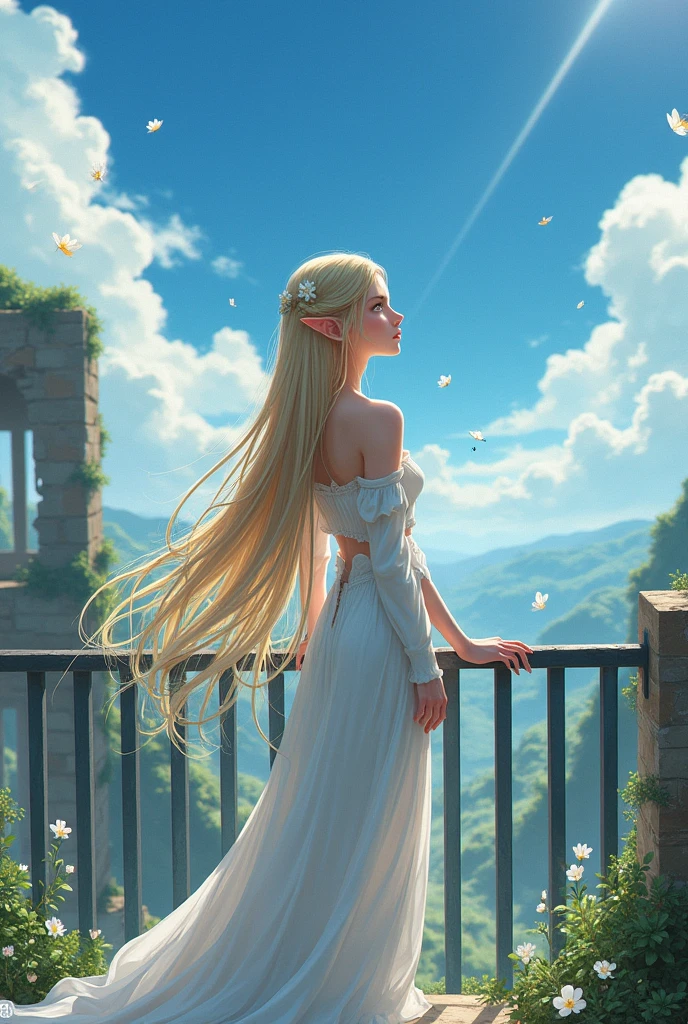 1girl,blonde hair,solo,blue eyes,ahoge,braid,pointy ears,hair between eyes,elf,very long hair,top floor of a building,Ruins,Nature,Wind,Looking at sky,shed tears,Tear floating,hair floats in air,Flowers float in air,White Full length skirt,off sholder,Touched expression,Long Shot,Facing the wind,Side view,White hair ornament,low iron fence,Hands on the iron fence,Pure white high slit skirt,Out door,Golden head accessories,Blue sky Her bangs are centered on her forehead, with two sections curving upwards on either side. The side bangs reach down to her chin. On the right side of her hair, there is a braid extending to her chest. Two small, four-petaled white flowers are placed on her bangs. She wears golden headpieces shaped like multiple leaves on both sides of her head, with long ribbons on each side.