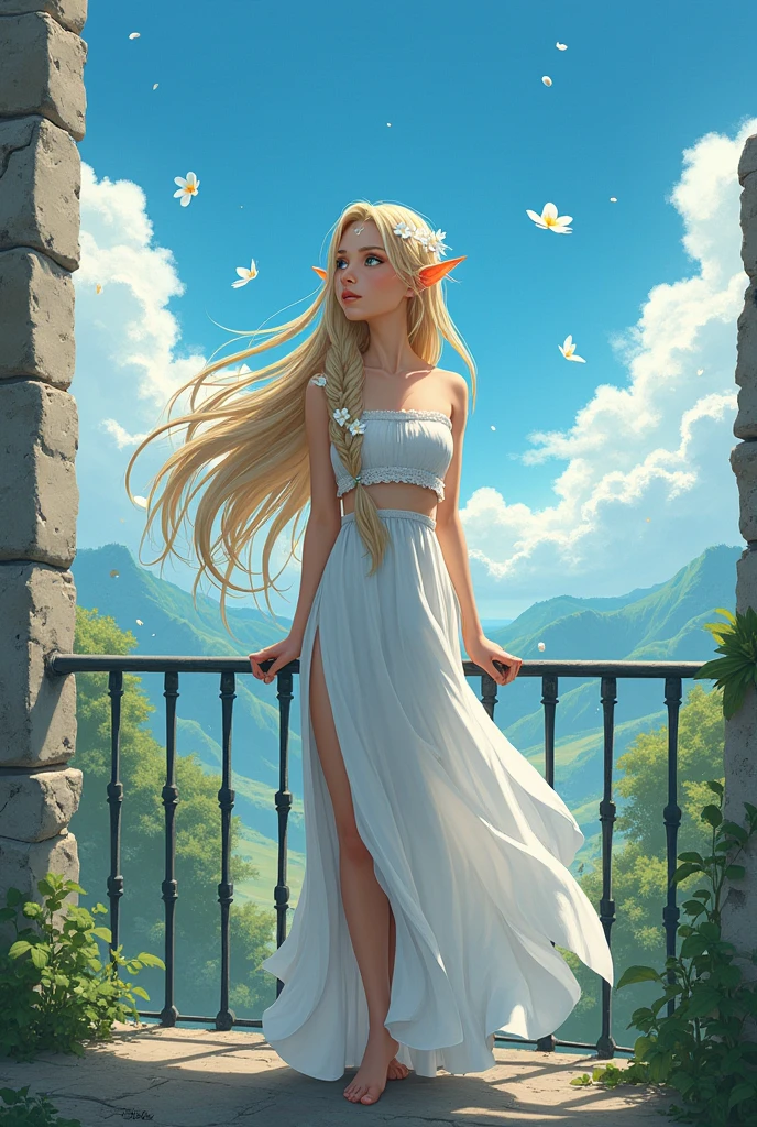 1girl,blonde hair,solo,blue eyes,ahoge,braid,pointy ears,hair between eyes,elf,very long hair,top floor of a building,Ruins,Nature,Wind,Looking at sky,shed tears,Tear floating,hair floats in air,Flowers float in air,White Full length skirt,off sholder,Touched expression,Long Shot,Facing the wind,Side view,White hair ornament,low iron fence,Hands on the iron fence,Pure white high slit skirt,Out door,Golden head accessories,Blue sky Her bangs are centered on her forehead, with two sections curving upwards on either side. The side bangs reach down to her chin. On the right side of her hair, there is a braid extending to her chest. Two small, four-petaled white flowers are placed on her bangs. She wears golden headpieces shaped like multiple leaves on both sides of her head, with long ribbons on each side.