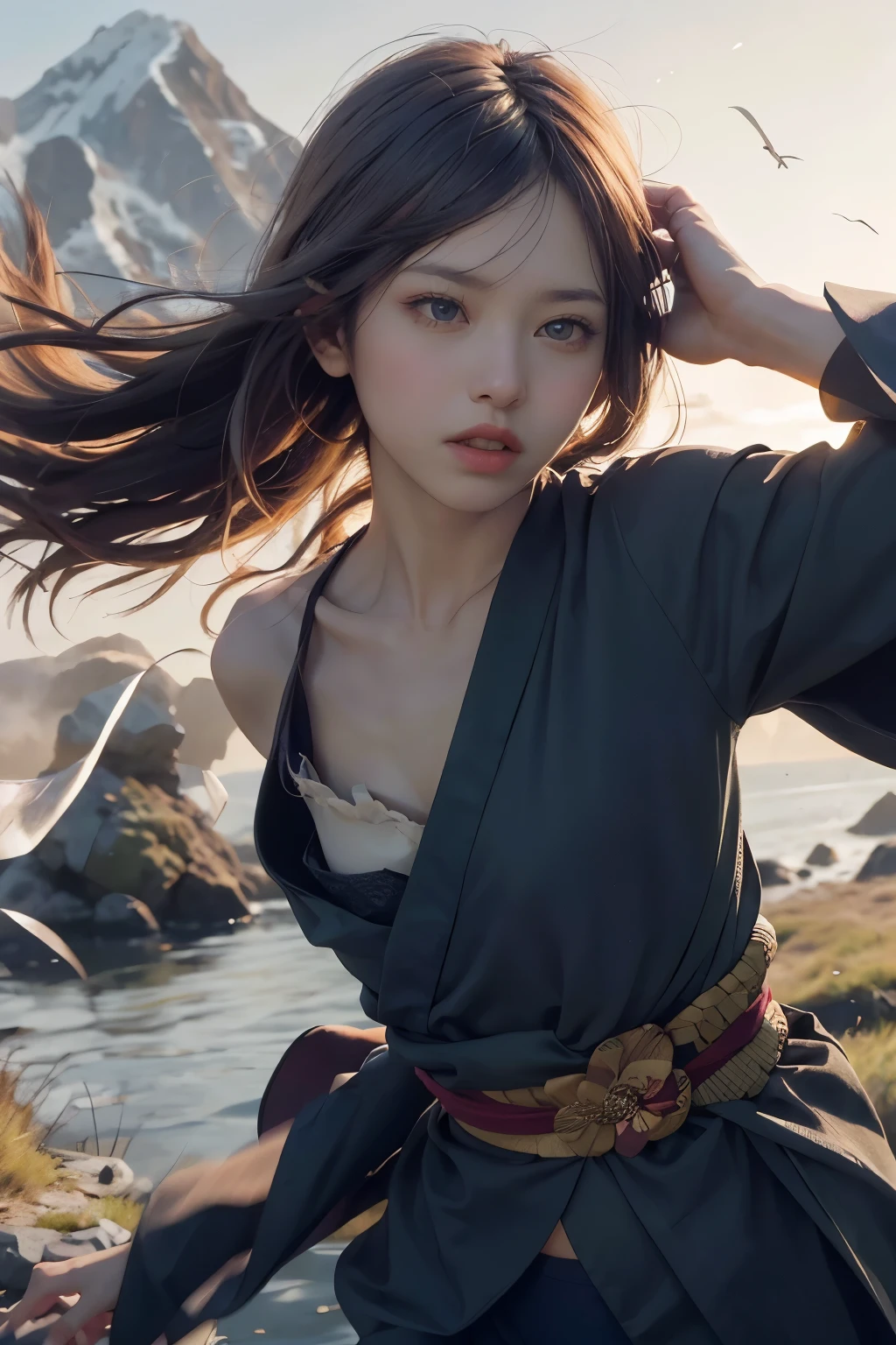 (Positive Focus)、(in the darkness nigth:1)、(beste-Qualit)、(Realisticity:1)、realistic skin textures、Extremely detailled、32k wall paper、volume illumination、Dynamic lighting、hand guard、veils、Ancient Japanese Wind、Escape Action、run、scape、Chased、Semi-crouched attack stance、Clothes torn、ancient Japanese battlefield、Group of ancient soldiers chasing and killing、Flying arrows、bio、nights、dramatic compositions、sayaairie、((Flat Chest)),((A beautiful girl)),(Are thin),(professional lighting),(No underwear),((Beautiful Eyes)),(A plain ancient Japanese kimono in navy blue),(The beautiful balance of the left and right pupils),The Mountains and Fields of the Battlefield,A Beautiful Warrior Skilled with the Sword,Sleeveless,Upper body with a battle sash,assassin,Secret,