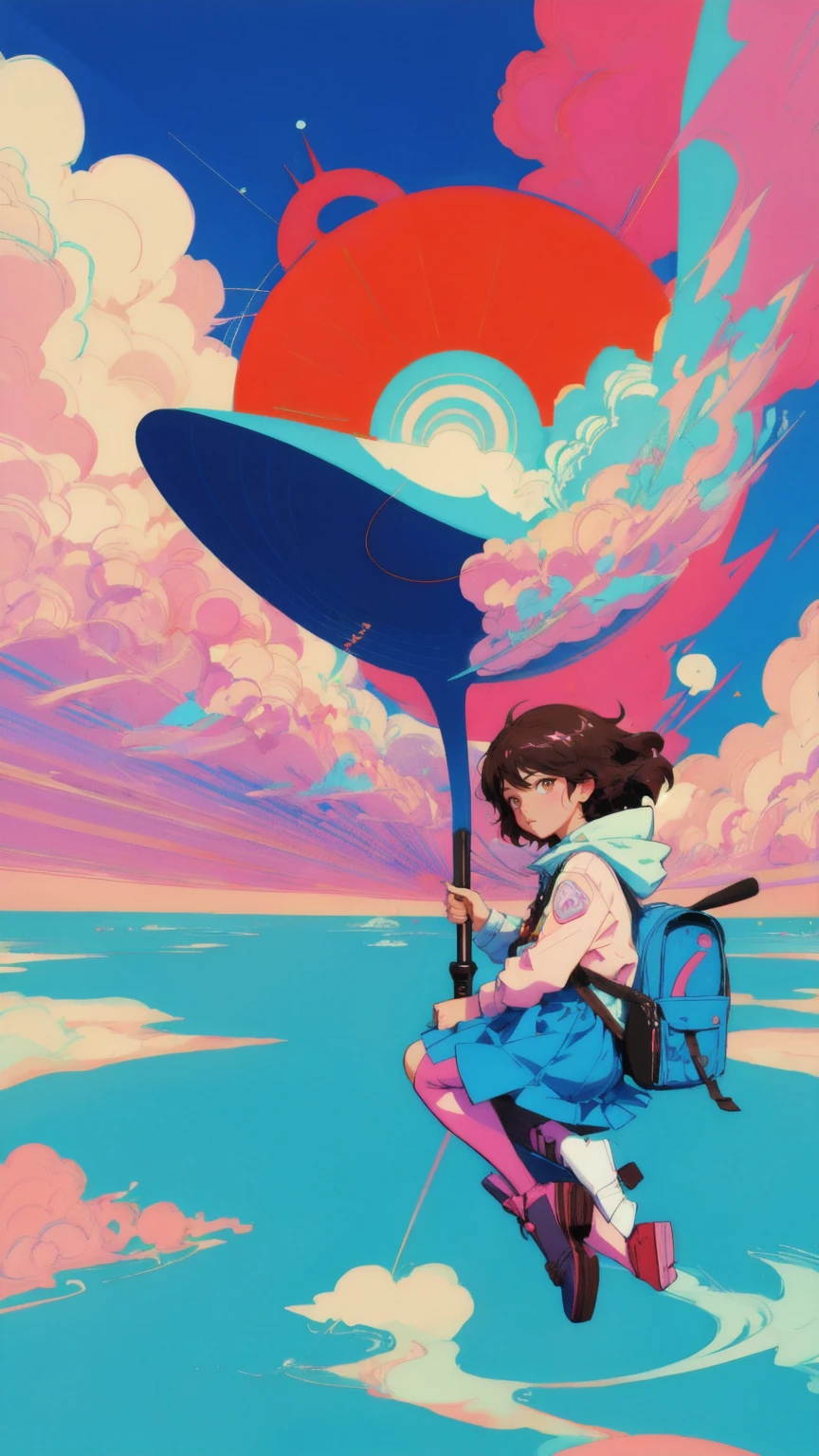 there is a cartoon of a cute beautiful girl riding a plane in the sky, inspired by Rinaldo Cuneo, inspired by Josan Gonzalez, posuka demizu, josan gonzales, by Josan Gonzalez, epic full color illustration, akira art style, inspired by Otomo Katsuhiro, flcl cover, jc leyendecker and sachin teng, akira style illustration. the background should brown.