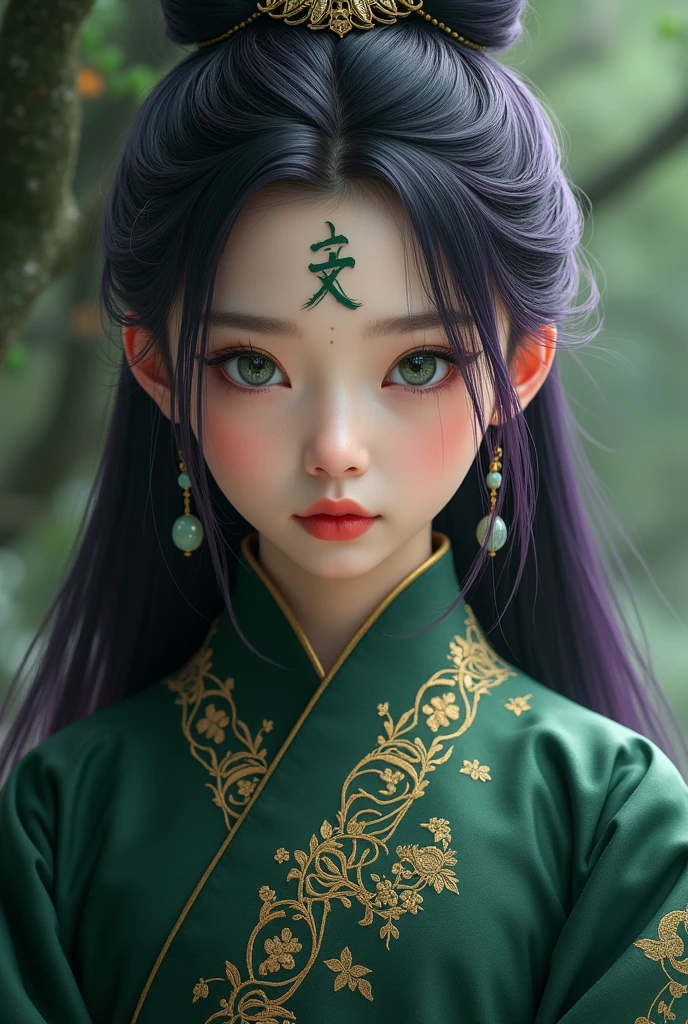 Most beautiful 6 yo xianxia female protagonist,,cold face,purple dominant fillamen and black obsidian undertone long hair ,green eyes,poison aura ,use majestic garmen with dark green forest dominant fillamen,Jade phosporus serpent at neck,tight clothes,big breast,golden pattern clothes,face detailed,lips detailed,thin red lips,golden rune scratch at fore head ,forehead detailed,better quality, masterpiece,24K ultra hd,super beautiful detail,goddess featuring